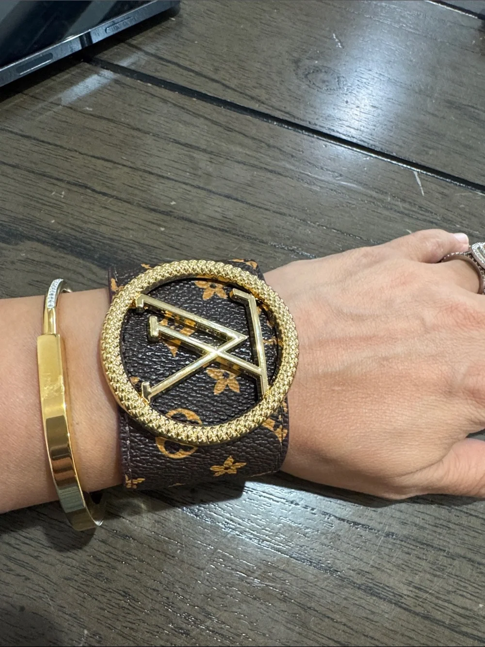 Fashion Jewelry Brown Monogram Belt with Textured Gold Circle Buckle